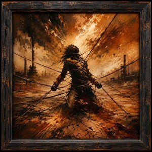 A fierce vision of struggle and defiance erupts across a scorched industrial wasteland. Bound by relentless cords, a lone figure rises against explosive light, fractured earth, and distant smokestacks. Distressed blackened wood with copper scars frames the scene, amplifying its raw energy, tension, and unforgettable apocalyptic power for modern collectors.