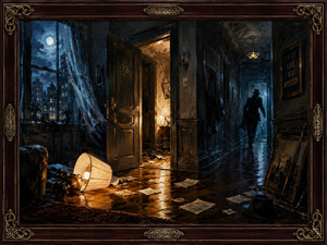 A moonlit apartment hallway glows with mystery as an open doorway, fallen lamp, scattered papers, and polished floors reveal the aftermath of sudden danger. A shadowy figure retreats into the blue-lit corridor while the city watches through billowing curtains. An ornate mahogany and gold frame deepens the classic noir atmosphere.