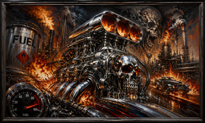 A colossal chrome engine dominates a burning refinery, its skull-shaped machinery glowing with furnace heat. Fuel gauges, polished exhaust pipes, racing vehicles, and towering smokestacks surround the mechanical monster. Reflected flames streak across the metal roadway while a ghostly skull rises through smoke, embodying speed, combustion, and dangerous industrial power.