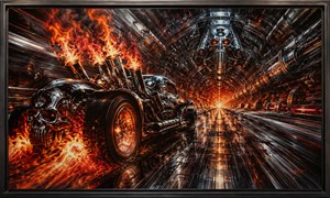 A chrome hot rod tears through a circular industrial tunnel, trailing fire, sparks, and molten reflections. Its skull-shaped front and blazing exhaust stacks transform the machine into a speeding demon. Ahead, a mechanical skull watches from the tunnel walls as the roadway collapses into a brilliant furnace-like horizon.