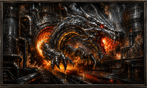 A mechanical chrome dragon erupts from a blazing foundry portal, stretching steel claws across a reflective industrial platform. Its segmented armor, glowing eyes, and furnace-filled mouth radiate violent energy. Dense pipes, tanks, smoke, and flying embers surround the creature, blending fantasy terror with relentless mechanical power and burning momentum.