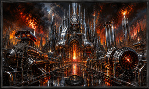 A towering chrome cathedral rises from an apocalyptic refinery, crowned by a skeletal mechanical face. Giant engines, turbines, exhaust stacks, and polished pipes frame a glowing central furnace. Firestorms and black smoke fill the skyline, while the mirrored roadway leads directly toward the structures blazing heart of fuel-driven industrial worship.