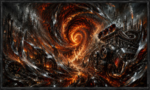 A massive engine stands beside a swirling vortex of fire, surrounded by jagged chrome architecture and ruined industrial towers. Metallic blades curve through the burning landscape while smoke and molten light twist toward the center. A nearly full fuel gauge reinforces the scenes sense of overload, acceleration, and unstoppable combustion.