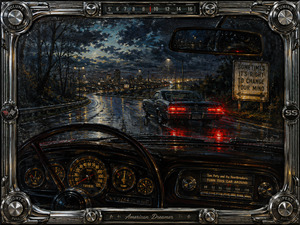 Rain streaks the windshield as a vintage car follows glowing taillights toward a distant city. Amber gauges, wet pavement, and crimson reflections intensify the midnight uncertainty, while a roadside message permits changing course. Chrome volume, tuning, light, and wiper knobs surround this intimate portrait of hesitation and resolve at last.