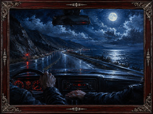 Moonlight washes a rain-slick coastal highway as two travelers share a touch inside the car. Red gauges glow against blue cliffs, clouds, and silver water. The winding road leads toward distant lights, while ornate rosewood, routed silver inlay, and complex corners preserve intimacy, trust, and motion.
