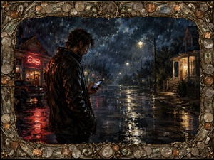 On a rain-soaked small-town street at night, a lone man studies the glow of his phone while reflections ripple beneath streetlights. Neon and porch lights flicker through the storm, surrounding him with loneliness and unresolved emotion, expressing the restless midnight ache of missing someone too much to stay silent.