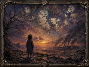 A solitary child stands beneath shattered clocks as a bruised sunset burns across a devastated horizon. Smoke, ruins, branches, and reflective ground surround the figure with scale. An intricate frame of guitar strings, tuning hardware, and metallic filigree completes this meditation on innocence, conflict, and time.