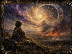 A seated child watches a burning valley beneath a luminous clock vortex. Armies, flames, smoke, and distant ruins spread across the landscape while golden light breaks through turbulent clouds. Interwoven guitar strings, tuning pegs, and musical ornaments frame this sorrowful vision of war, innocence, and time.