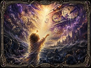A glowing child reaches toward a torn sky where clocks, lightning, and fragments explode above a sea of anguished figures. Gothic ruins and violet storms deepen the emotion. A sculpted guitar-string frame, enriched with frets, clefs, and metallic scrollwork, contains this desperate cry against advancing time.