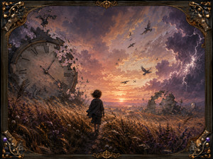 A lone child walks through windswept grass toward sunset as enormous broken clocks crumble across the landscape. Ravens scatter beneath purple thunderheads and branching lightning, suggesting freedom, warning, and irreversible change. Ornate guitar strings, tuning pieces, and golden metalwork frame the quiet journey through times ruins.