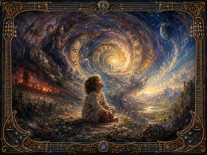 A child sits beneath a spiral of clocks, memories, and celestial light, balanced between a burning battlefield and peaceful mountains. Ghostly faces, soldiers, planets, and ruins circle the luminous passage. An elaborate guitar-string frame transforms this sweeping vision into a meditation on innocence, destiny, and time.