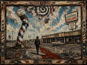 A lone figure crosses a decaying suburban parking lot beneath a torn, static-filled sky. A twisted barber pole towers beside abandoned shopping carts, faded storefronts, and empty promises. The long crimson shadow suggests temptation following close behind, while the distressed Americana frame reinforces the songs strange, ironic unease.