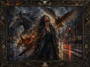 Rain floods a midnight city as a woman raises her face, allowing vulnerability to become fierce inner strength. A charging horse, running fox, and soaring hawk dissolve through her coat like awakened spirits. Leopard, snake, bear, horse, fox, and raptor eyes surround the scene within a shadowed frame of awakening.