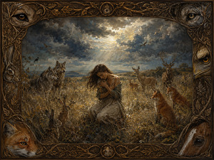 Beneath storm-broken sunlight, a grieving woman kneels in a golden meadow, holding herself quietly while wolves, deer, foxes, hares, and birds gather without fear. Their calm attention suggests protection, understanding, and belonging. A carved bronze woodland frame, filled with varied animal eyes, completes this tender communion with instinct and compassion.