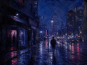 A solitary figure walks through a rain-soaked city after midnight, leaving the warm glow of a crowded club behind. Deep blue streets, cold towers, and fractured neon reflections create a haunting rhythm of isolation. The scene captures emotional distance, restless nightlife, and the heavy melancholy of beginning another week alone.