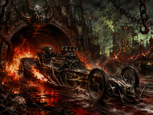 An undead driver launches a savage dragster from a flaming skull gate into a ruined carnival wasteland. Exposed engines, hooked chains, razor spikes, wet reflections, and roaring exhaust create violent forward motion. Sickly green smoke, burning tents, and a ghostly Ferris wheel complete this theatrical nightmare of speed and destruction.