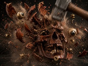 Frozen at the instant of impact, a heavy hammer crushes the rosewood skull clock, blasting carved fragments, brass gears, shattered teeth, and mechanical eye pieces through the air. Dense dust swirls across the dark scene, while sharp debris trails and suspended particles create a dramatic, cinematic slow-motion explosion of destruction.