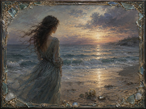 A windblown woman faces the fading sea while a pale rose and heart-shaped locket rest upon wet sand. Muted blue waves, golden sunset reflections, and an ornate border of broken glass, shells, and sand transform heartbreak into a tender vision of memory that refuses to disappear.