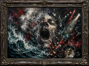 A screaming face erupts from crashing waves, smoke, shattered glass, and concert lights. The figure appears to dissolve into sound and destruction as metallic fragments spiral through the scene. This intense composition reflects emotional overload, raw performance energy, and the collision of anger, desire, confusion, and release.