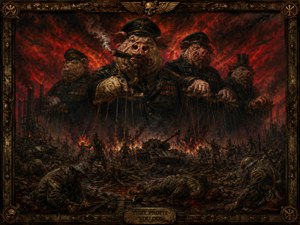 Grotesque pig-faced generals tower above a burning battlefield, manipulating soldiers below with marionette strings. Beneath a blood-red sky, shattered tanks, fallen troops, and ruined factories expose the machinery of war. The ornate skull-lined frame reinforces the paintings brutal warning: powerful leaders profit while ordinary people pay the price.