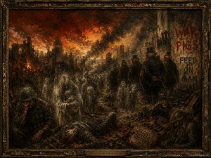 A devastated city burns as grieving civilians, exhausted soldiers, and ghostlike children struggle through the ruins. In the shadows, well-dressed pig-faced rulers calmly walk away from the destruction they created. Fiery skies, broken buildings, and accusatory signs transform the scene into a haunting condemnation of greed, propaganda, and human suffering.
