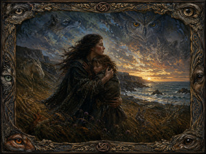 Protective love dominates a stormy Irish coast as a windswept mother shelters her child against approaching darkness. Wolves, owls, foxes, deer, and horses emerge like watchful spirits from clouds and grass. An intricately carved frame of varied animal eyes transforms maternal courage into a haunting portrait of instinct and survival.