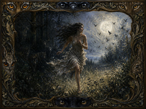 Moonlight divides a forest as a barefoot woman runs toward luminous freedom, her torn dress and streaming hair alive with urgency. Wolves and deer watch from shadow while ravens rise around the moon. Tiger, owl, lynx, rabbit, raven, and panther eyes ornament the richly carved woodland frame, deepening its mystery.