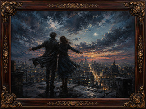 Two companions stand above a glowing city, arms opened toward storm clouds, moonlight, and the final warmth of sunset. Wind drives their dark coats across the rooftop as countless streets shine below. Ornate rosewood, routed inlay, gold leaf, and carved corners frame trust, exhilaration, and fearless shared escape into night.