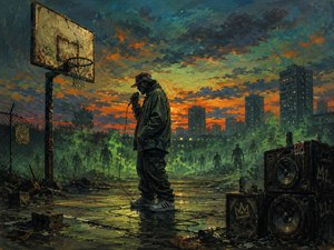 A lone performer grips the microphone on a shattered urban court as green spectral figures gather through drifting haze. Rusted speakers, a broken hoop, and a blazing sunset skyline turn the scene into a dreamlike collision of hip-hop rhythm, isolation, menace, and supernatural street energy.