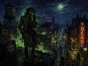 On a rooftop above a decaying neon city, a cool singer leans into a vintage microphone while ghostly green smoke swirls around him. Below, restless figures wander rain-slick streets beneath a glowing moon, capturing dark wit, urban decay, performance swagger, and apocalyptic musical mood.
