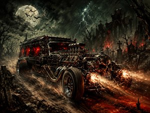 A monstrous gothic hot rod tears through a storm-black graveyard beneath a fractured moon. Chrome machinery, blazing headlights, skullwork, flying sparks, and blood-red windows transform the hearse into a furious mechanical predator. Twisted trees, lightning, bats, and burning ruins amplify the paintings relentless horror, speed, and heavy industrial power.