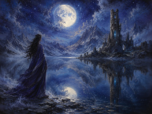 Beneath an enormous moon, a lone woman stands beside a perfectly still mountain lake. Across the mirrored water, a ruined tower glows with faint blue light among jagged peaks. Her flowing violet gown and the silver mist create a haunting vision of solitude, memory, and ancient magic waiting beyond the shore.