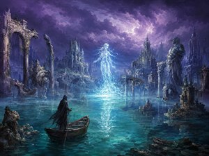 A cloaked traveler guides a small wooden boat through the flooded remains of an ancient city. Broken arches, towering statues, and submerged temples surround a radiant water spirit rising from the lagoon. Her blue light transforms the silent ruins into a mysterious sanctuary suspended between forgotten history, sorrow, and supernatural awakening.