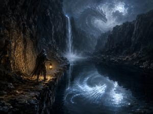 An armored wanderer follows a narrow ledge into a moonlit canyon, carrying only a warm lantern against the darkness. A waterfall pours into an unnaturally calm pool, where the reflection of a ghostly dragon coils beneath the surface. Ancient glowing carvings suggest that the creature is guarding secrets buried deep within the mountain.