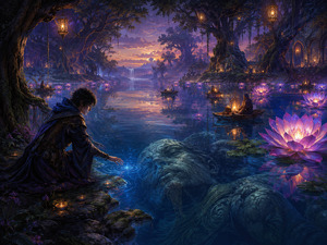 A young mage kneels beside an enchanted forest lagoon filled with glowing lilies and drifting candlelit boats. Beneath the glasslike water rests the enormous face of a sleeping stone giant. Lanterns hanging from ancient trees illuminate a peaceful ritual, while a small magical ripple hints that the forgotten guardian may soon awaken.