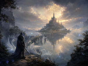 At dawn, a dark knight stands beside luminous white swans overlooking a silver lake. A ruined causeway leads toward a distant island castle glowing beneath broken clouds. Perfect reflections, floating lights, and rolling mist turn the scene into a quiet pilgrimage toward hope, mystery, and a kingdom seemingly untouched by time.