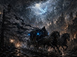 A hooded driver races a black carriage through a ruined gothic city while blue lanterns burn against the storm. Shadowy ribbons trail behind the horses, and ghostly faces form within the clouds above. A glowing blue bird breaks through the darkness, symbolizing hope and spiritual escape from doubt, fear, regret, failure, and shame.