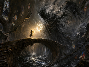 A lone traveler stands on a crumbling bridge inside a shattered cathedral, holding a lantern before a towering creature of smoke, chains, and broken feathers. A radiant heart-like light pushes against the darkness while black water surges below. Floating stairways and stained-glass fragments create a dramatic vision of inner conflict, courage, and a soul fighting to remain alive.