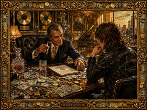 A confident record executive offers a tempting contract to a wary young musician inside a lavish golden office. Scattered dollar bills, loose coins, crystal glassware, cigar smoke, and gleaming gold records surround the tense negotiation. An elaborate money-themed frame transforms ambition, fame, and financial temptation into a dramatic portrait of success purchased at a hidden price.