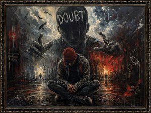 A solitary young man sits beneath a violent storm, overwhelmed by a towering faceless figure representing doubt. Burning trees, circling ravens, fractured symbols, and rain-soaked streets surround him, blending fear with defiance. Deep black, crimson, and silver brushwork creates a haunting portrait of inner conflict, uncertainty, and emotional isolation.