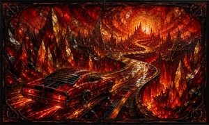 A red glass muscle car races along a twisting stained-glass highway suspended above molten canyons. Jagged crystal mountains rise beside the road while a blazing circular horizon illuminates every translucent surface. The dark ornamental frame intensifies the paintings rebellious momentum, danger, and fiery rock-and-roll atmosphere.