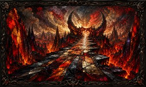 A fractured glass roadway stretches across a burning abyss toward a monumental horn-shaped arch. Obsidian towers, glowing lava channels, and smoky crimson clouds surround the unstable path. Reflected fire shines through amber, black, and scarlet glass panels, creating an ominous journey toward an unknown infernal realm.