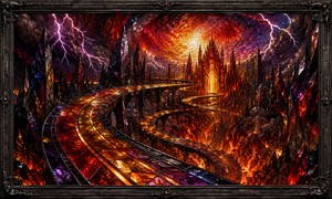 Elevated highways of molten stained glass spiral through a storm-filled underworld toward a brilliant cathedral-like city. Purple lightning tears across the sky while towering crystal spires emerge from smoke and flame. The sweeping curves, glowing reflections, and deep perspective suggest a relentless descent powered by speed and raw energy.