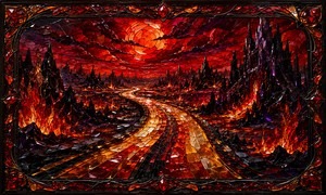 A luminous golden road winds across a vast landscape of black crystal formations, scattered flames, and molten red plains. Above, a blood-red glass sun burns through layered crimson clouds. A distant obsidian fortress watches over the empty highway, creating a powerful sense of isolation, danger, and unstoppable forward motion.