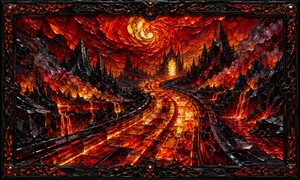 A glowing roadway formed from red, gold, and amber glass races between volcanic cliffs toward a radiant gateway. Lava waterfalls, smoke plumes, and razor-edged mountains surround the route beneath a swirling fire vortex. The ornate black frame completes this dramatic vision of a beautiful but dangerous journey into darkness.