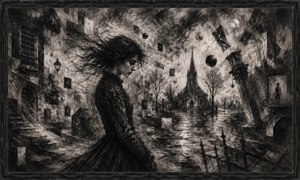A solitary woman crosses a fractured charcoal city where tilted buildings, floating windows, and dark celestial forms surround a distant church. Her windswept hair dissolves into branching lines, blending memory with the storm. Wet streets and deep tonal gradients create a haunting portrait of loneliness hidden within an indifferent world.