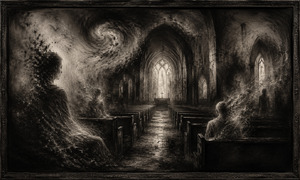 Ghostlike worshippers dissolve into charcoal dust inside an abandoned Gothic church. Empty pews lead toward a pale altar, while swirling shadows gather beneath the vaulted ceiling. The fading figures suggest forgotten lives and unanswered prayers, creating a solemn vision of people who existed quietly but left almost no trace behind.