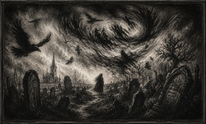 A cloaked figure walks alone through a crowded cemetery beneath a violent spiral of crows and charcoal clouds. Leaning gravestones, twisted trees, and a distant church intensify the atmosphere of abandonment. The winding path becomes a symbolic journey through remembrance, mortality, and the loneliness surrounding an unnoticed final resting place.