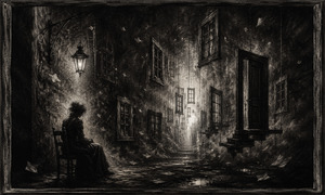 A lonely woman sits beneath a dim lantern inside an impossible corridor of suspended doors and windows. Loose papers drift through the air while stairways and openings recede toward a distant glow. The surreal architecture represents disconnected homes and lives, surrounding her with countless entrances that never seem to welcome anyone inside.
