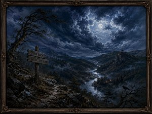 A moonlit mountain valley lies beneath enormous spiraling storm clouds. A silver river winds through misty forests toward distant lights, while a weathered warning sign stands beside a rocky path. A discarded revolver and solitary raven deepen the scenes tense message about danger, poor choices, and approaching consequences.